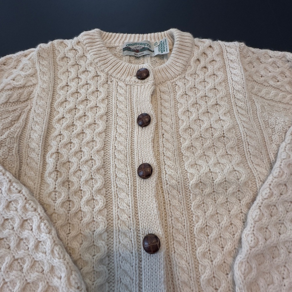Aran Crafts Ireland Merino Wool Cable Knit Cardigan Sweater Cream Womens Small - Picture 3 of 9